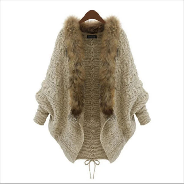 Wholesale Hot Sale Women Winter Fur Shawl Jacket Bat Sleeves Knitted Coat