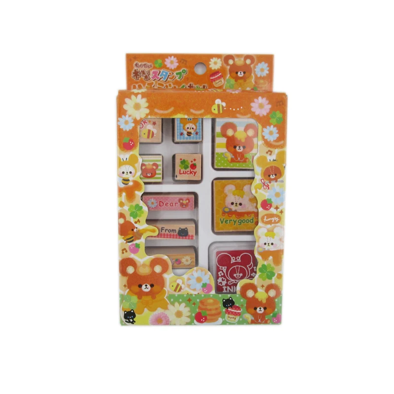 High quality Japanese funny wooden cartoon kids stamp with a mini red stamp pad