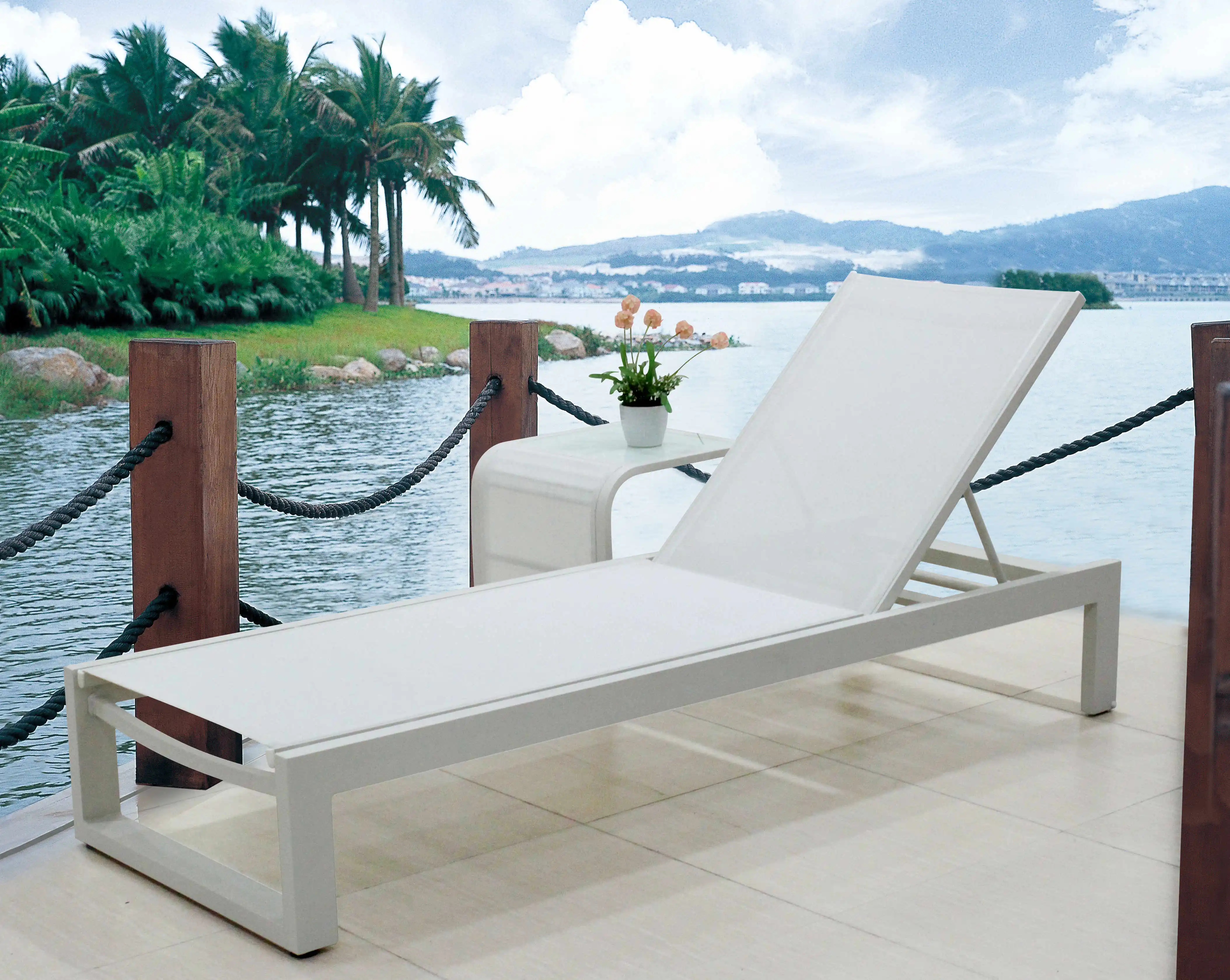 Modern aluminum beach sun lounger sun loungers swimming pool aluminum mesh fabric outdoor chaise lounger