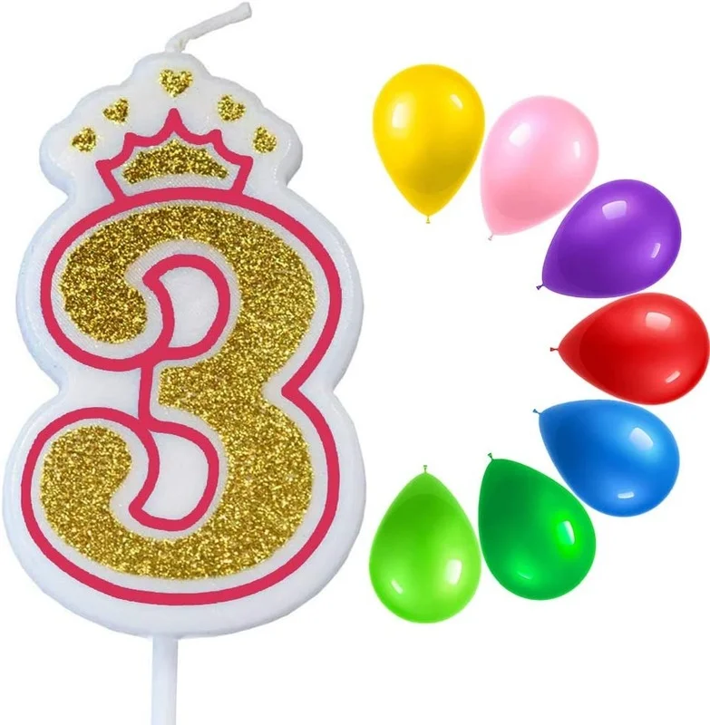 Happy Birthday Candles Cake Candles, Glitter 3 Birthday Candle, Number 3 Candle for Birthday Cake