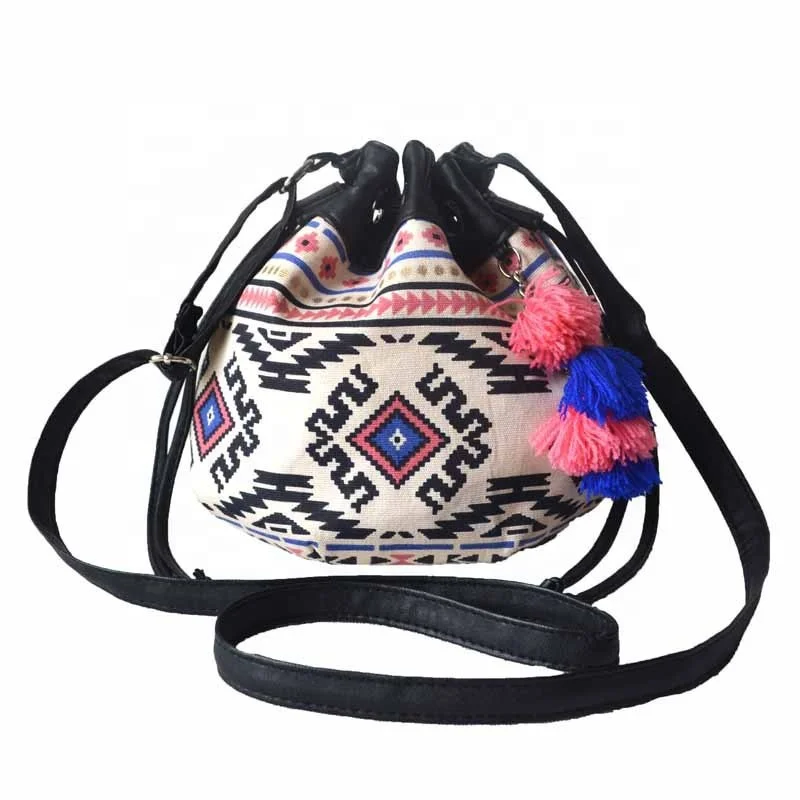 PU with tassel ethnic wind bucket bag single shoulder diagonal bag