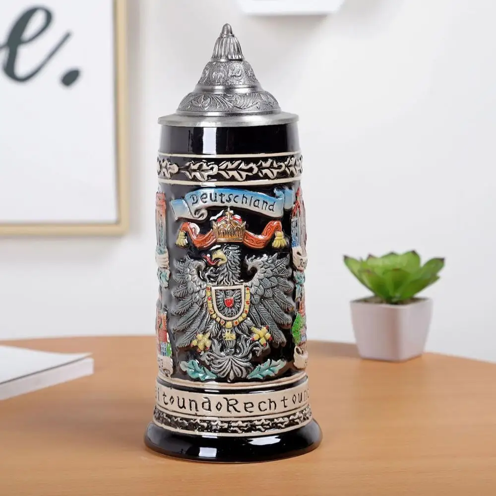high quality oktoberfest relief 3D embossed german stoneware beer cup with metal lid