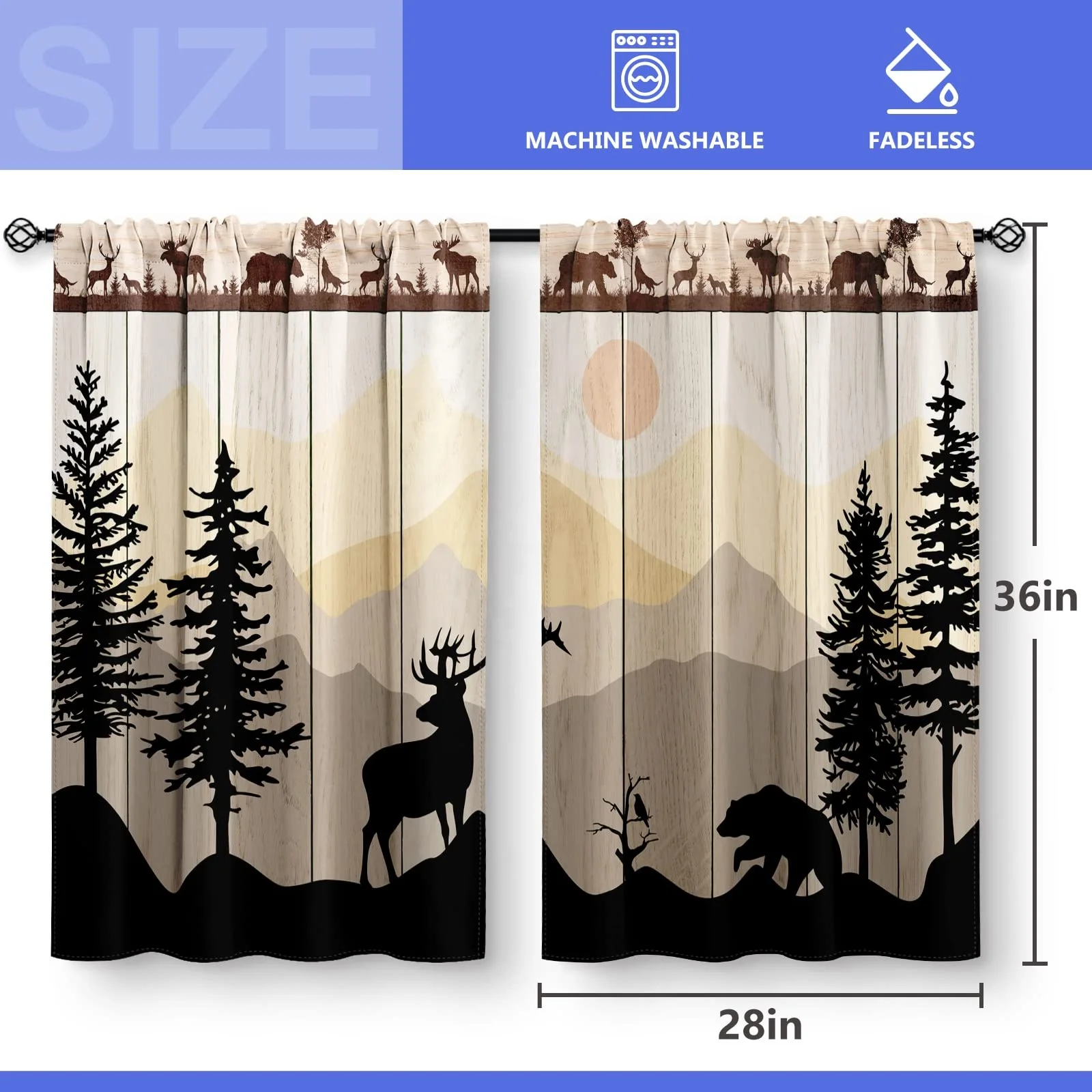 Forest Sunset Country Rustic Farmhouse Short Cafe Wine Kitchen Window Printed Curtains Decor For Dining Room