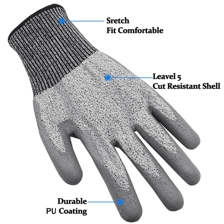 PU palm coated glass handling tool construction anti-cut level 5 protection safety cut resistant gloves