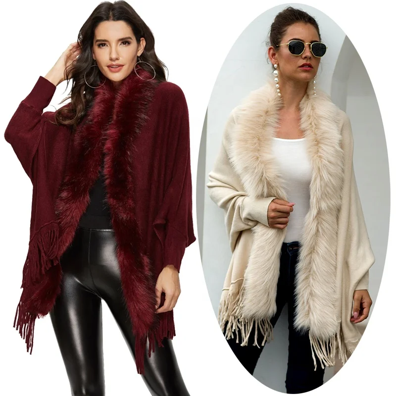 Oversized Faux Fur Shawls Luxury Knitted Poncho Coat Fringed Wraps Western Cape Tassel Winter Cloak Cardigan Sweater