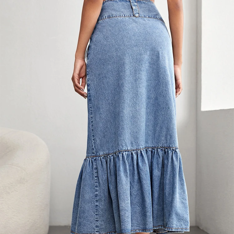 High Waist Mermaid Hem Denim Skirt Cute Casual Print Maxi Length Pockets Button Decor Summer Autumn Washed Pencil Straight