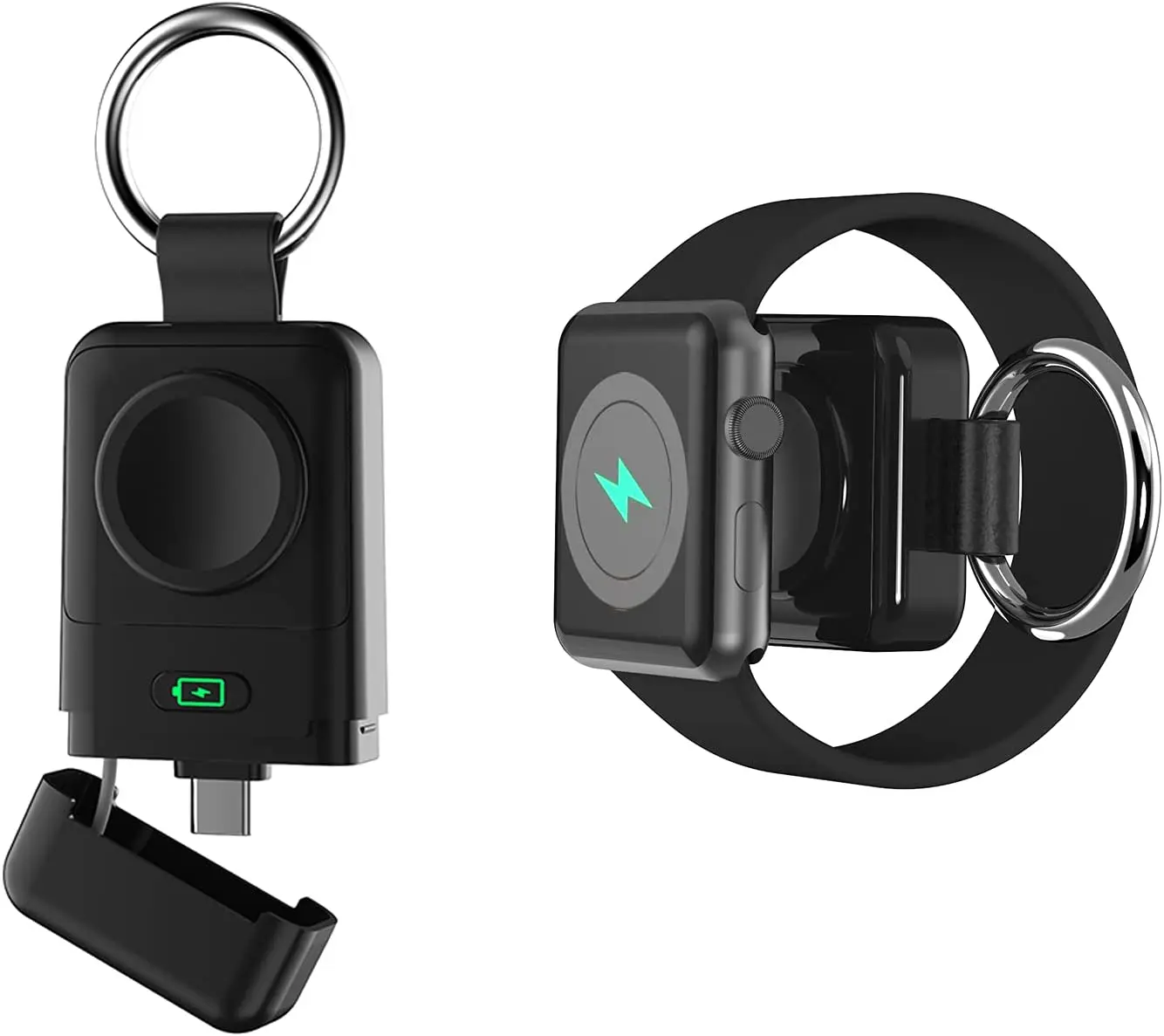 Portable Magnetic Wireless Charger Power Bank Type-C 1400mAh with Keychain for iWatch Series 7/6/SE/5/4/3/2/1/Nike+ (Black)