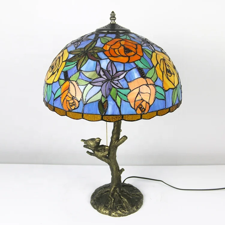 LongHuiJing Tiffany Style Stained Glass Lampshade Desk Lamps Rose Pattern Table Lamps With Antique Base