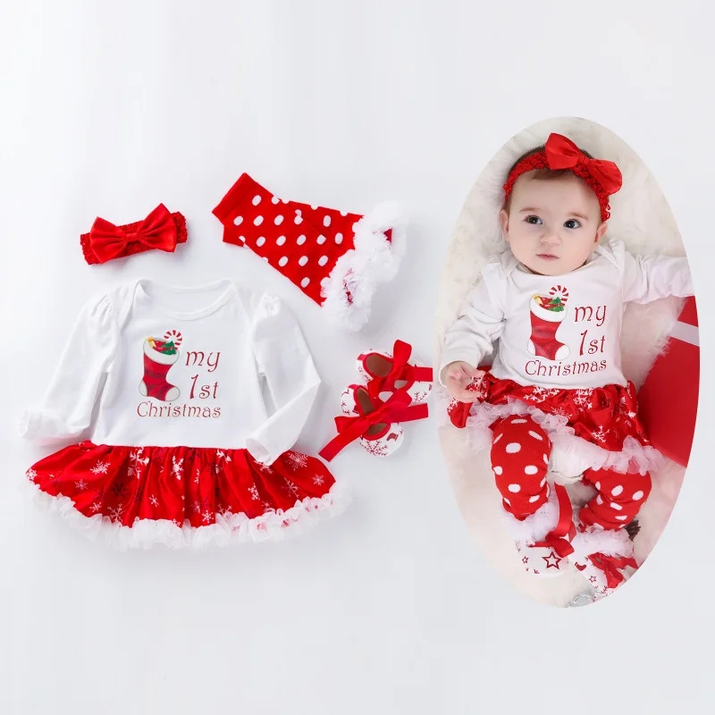 Hot Christmas Snowflake Dress Set Cotton Long Sleeve 0-2 Years Old Baby One-piece Dress Set