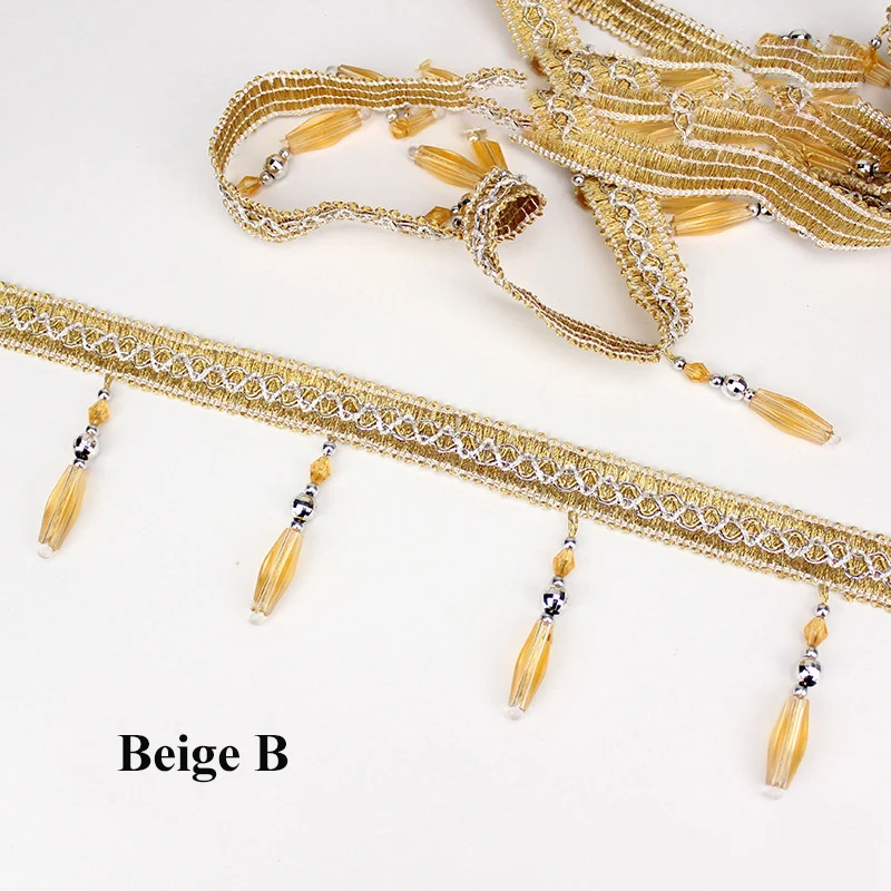 Home Textile Curtain Accessories Cheap Price 12.5Yard Lampshade Tassel Pink Lace Curtain Beads Fringe Trims For Home Decoration