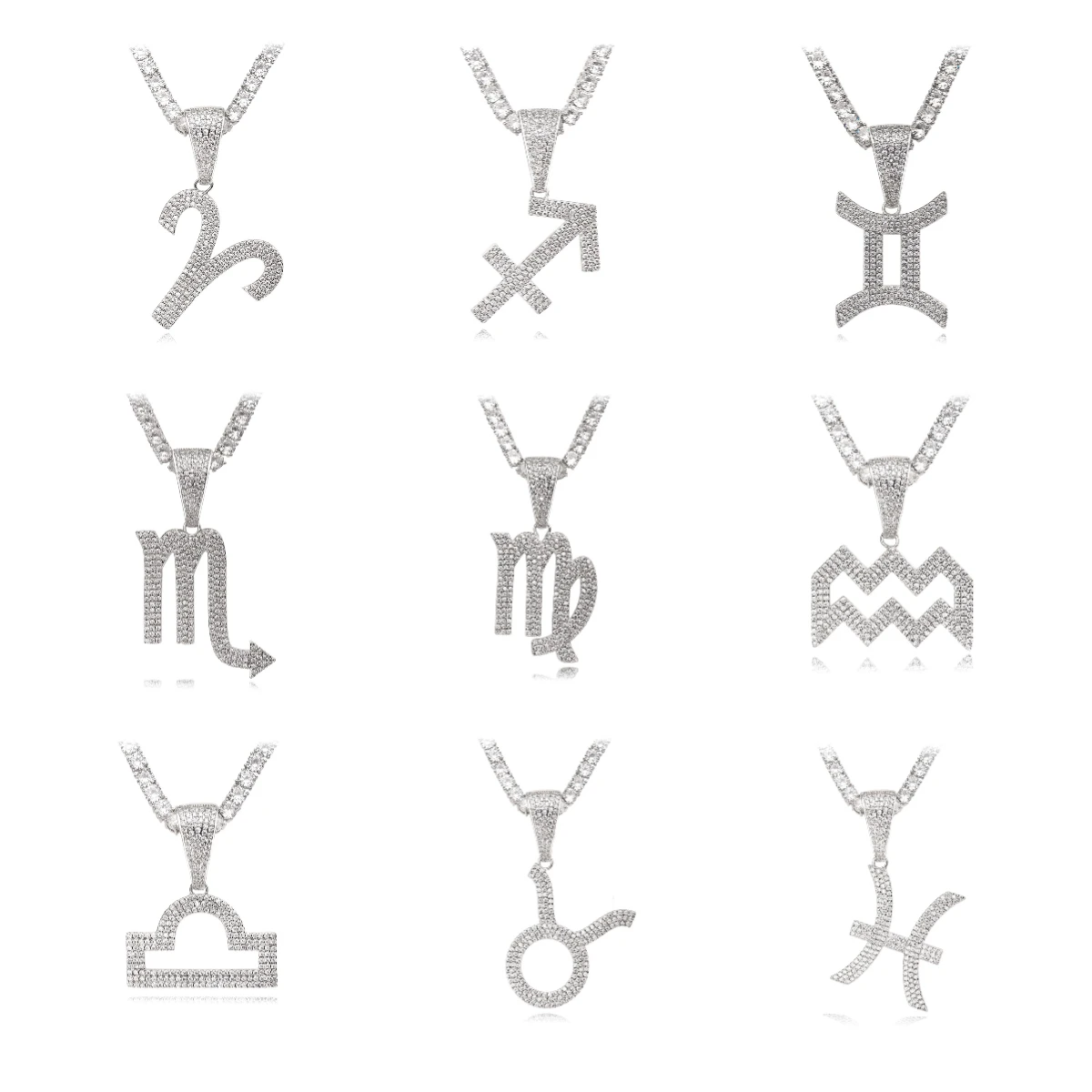 hip hop iced out filled cz big size silver sign zodiac pendant necklace