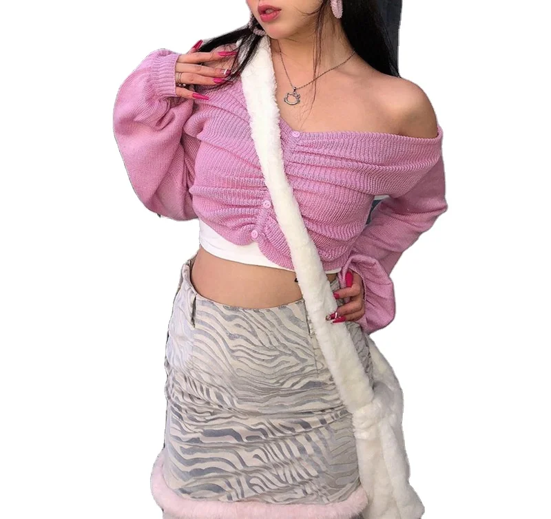 IHJ2445 Spring new style lantern sleeve folds irregular short sweater for women