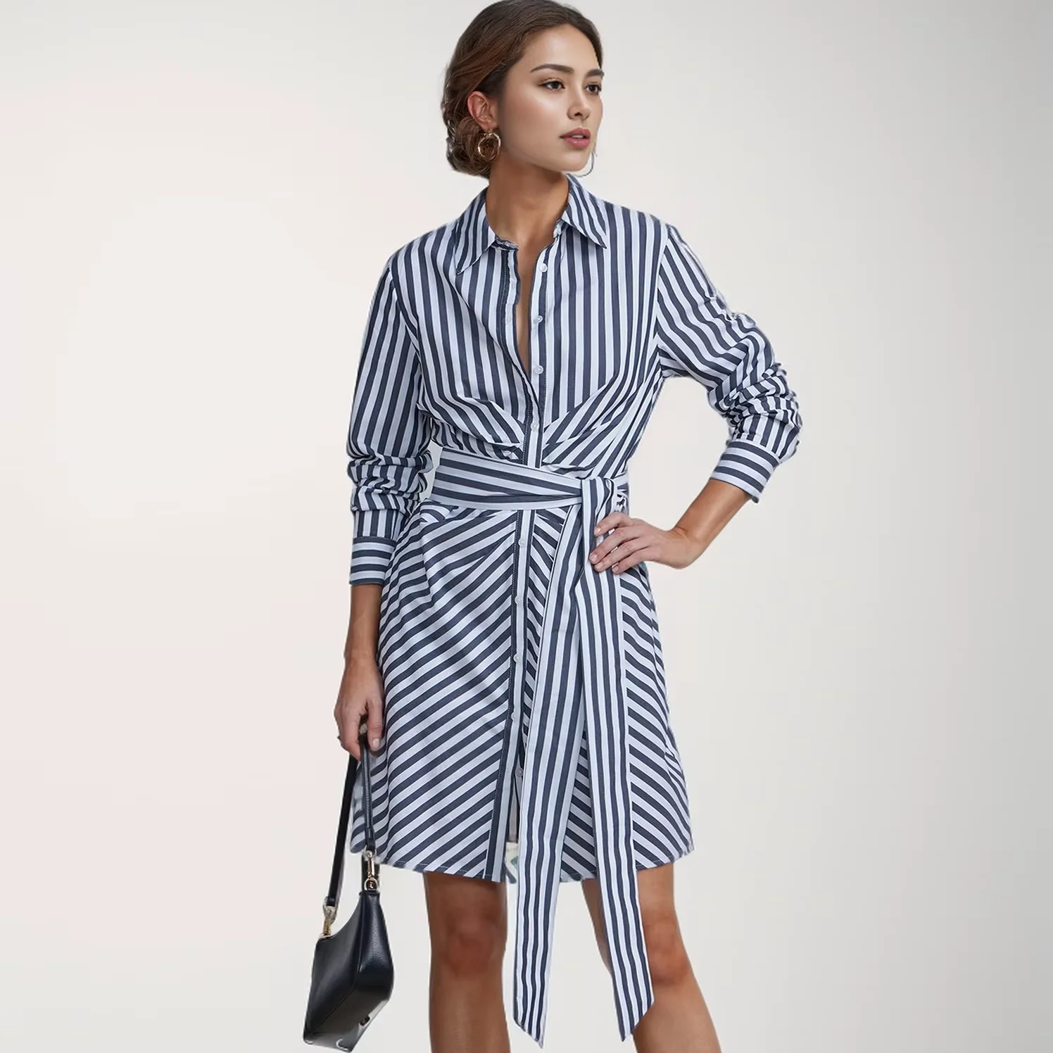 Элегантное классическое однобортное платье-рубашка в полоску с лацканами завязками длинным рукавом Повседневные Вечерние платья для женщин