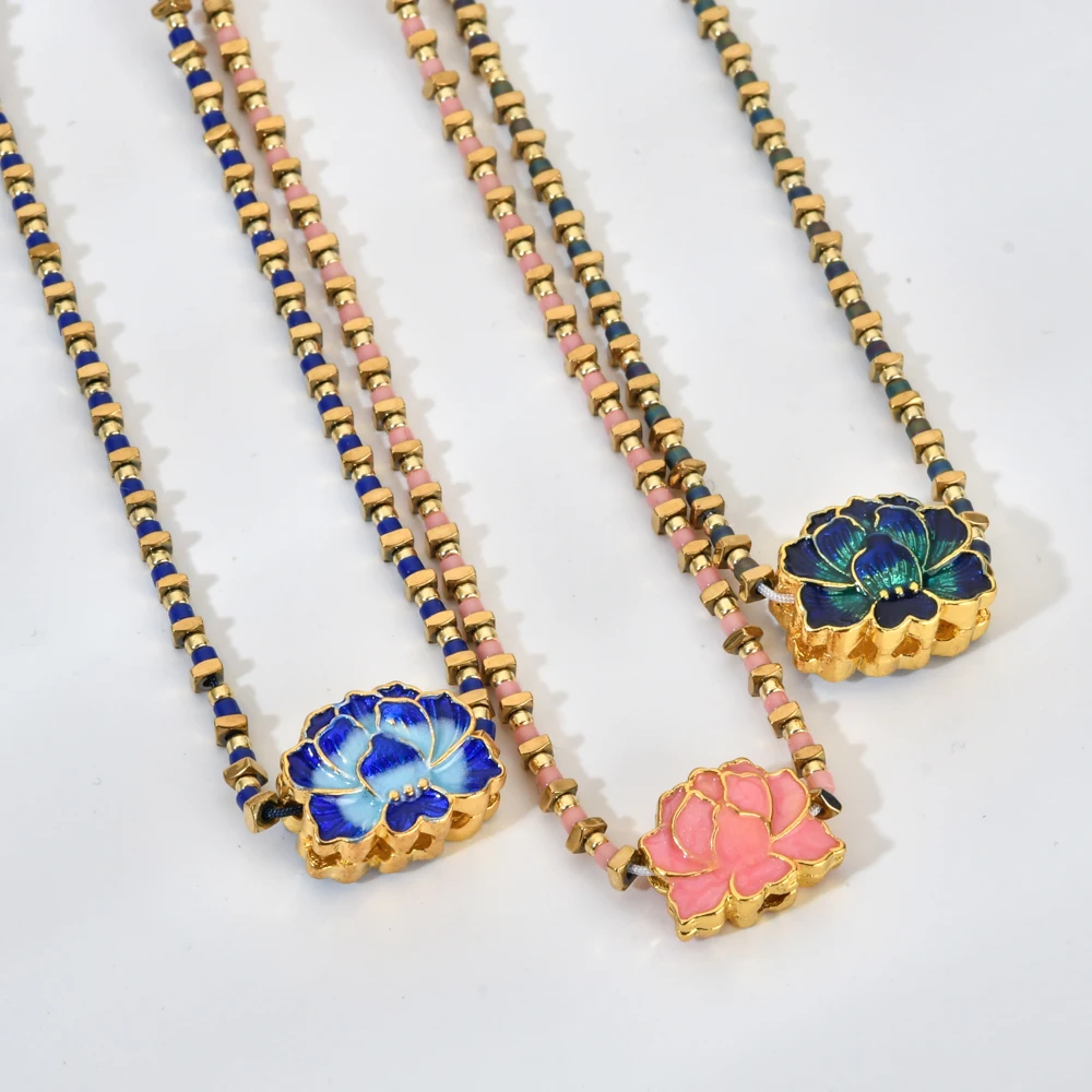 ZMZY Ancient gold Plated Retro Nepal Tibet Beads Enamel Handmade Necklace Boho Buddhist National Style Pendants Choker Gift