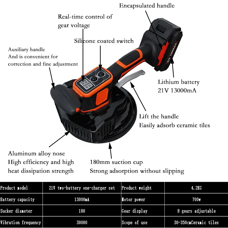 Tile laying machine, 8 Gears, 21V 13000mA, Hand-held Tile Tiler Tool, Upgrade Digital Display Tile Vibration Machine