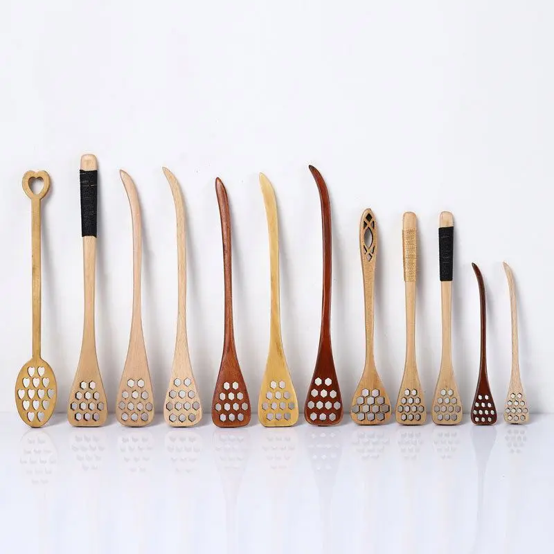 Custom Long Handle Honeycomb Wooden Honey Spoon Solid Wood Honey Stirring Spoon Dessert Jam Stirring Stick Wholesale