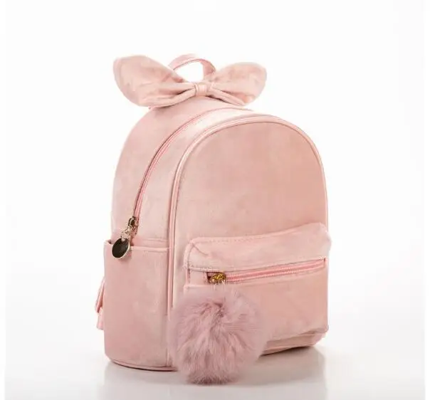 Girls Cute bowknot Backpack with Fur Ball , Mini Velvet Travel Rucksack Casual Zipper Travel School Bags Fashion Handbag Satchel
