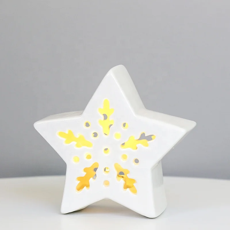 Scandinavian style ceramic pentagram Christmas ornament, LED lights hollow design crafts ceramic decoration