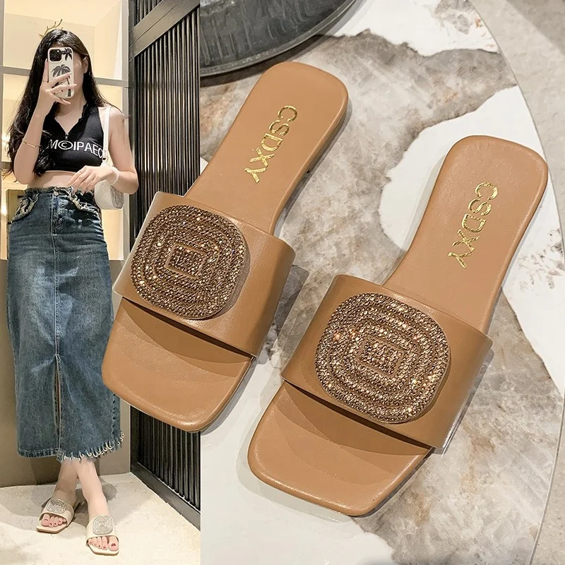 Foreign trade large size cross-border fashion square rhinestone slippers 2024 spring and summer cool outdoor beach slippers