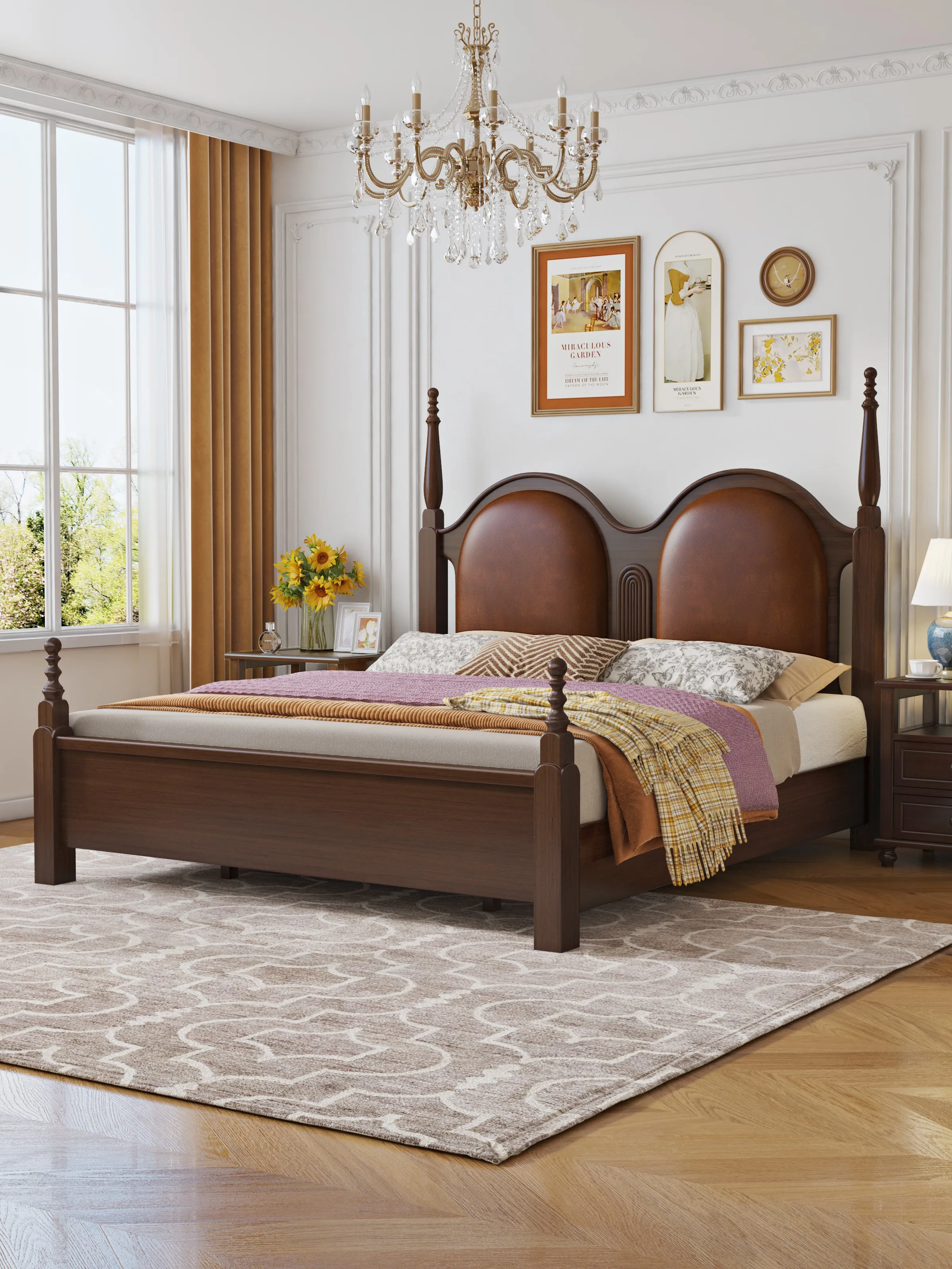 Solid Wood Headboard Double Beds American Style Bedroom Furniture Storage Queen Size 1.5m Bed Set