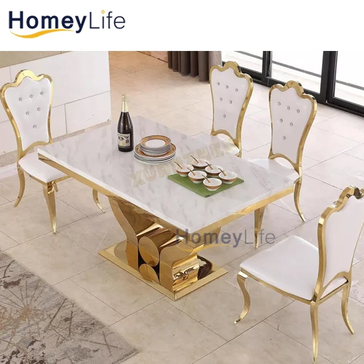 Morden marble dining table marble top dining table set simple gold legs dining table set 6 seater