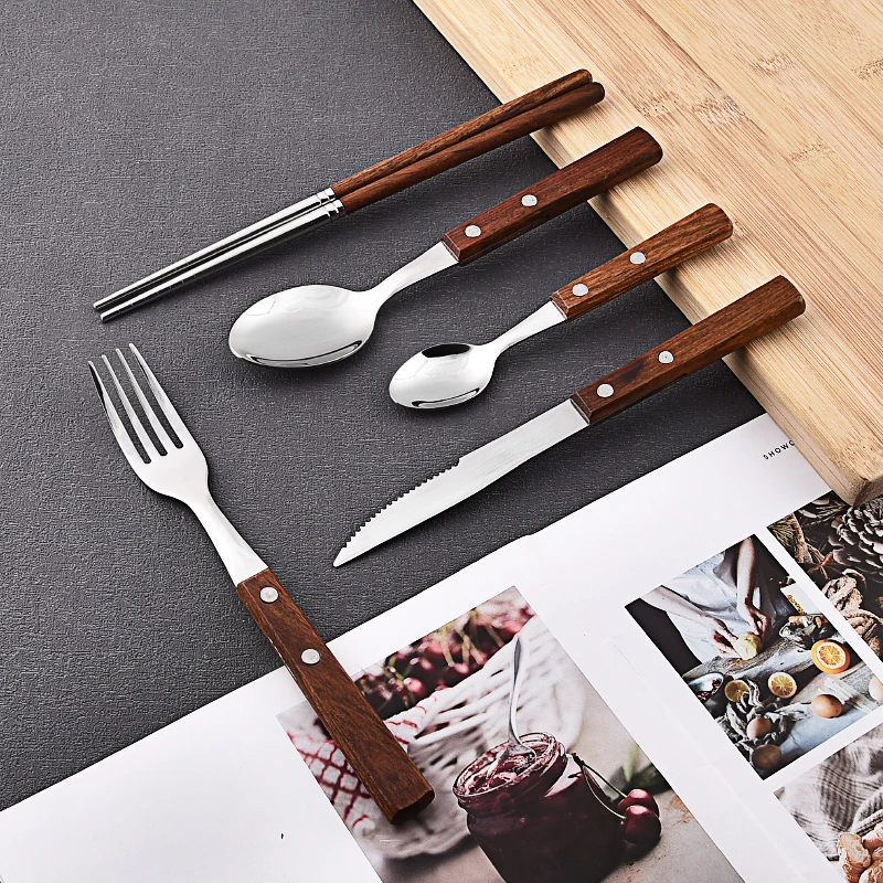 wholesale good chinese cheap spoon fork knife flatware metal stainless steel cutlery set with wooden handle flatware