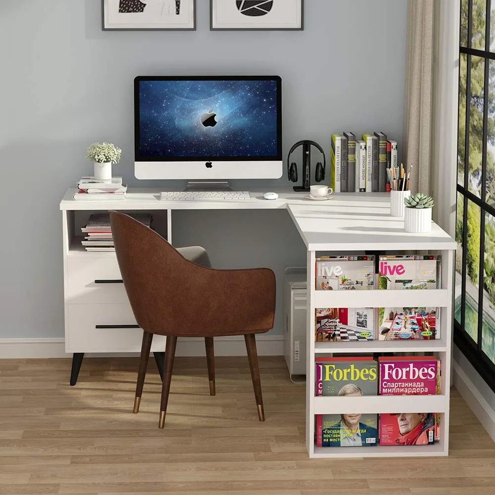 Elegant Modern Design L-Shaped Wood White Office Desks Computer Table with Drawer Open Storage