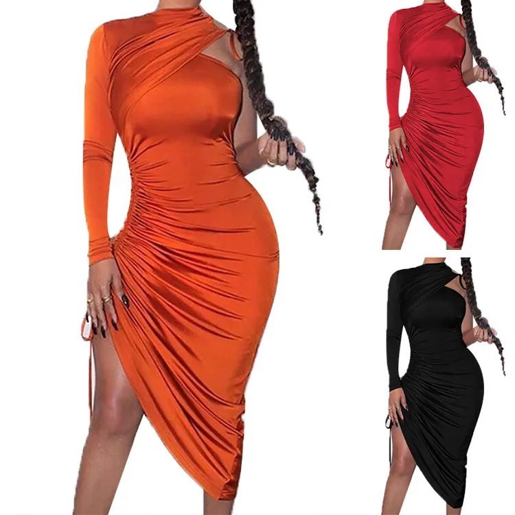 2021 One Shoulder Drawstring Ruched Hot Sale Sexy Midi Bodycon Night Club dresses For  Women