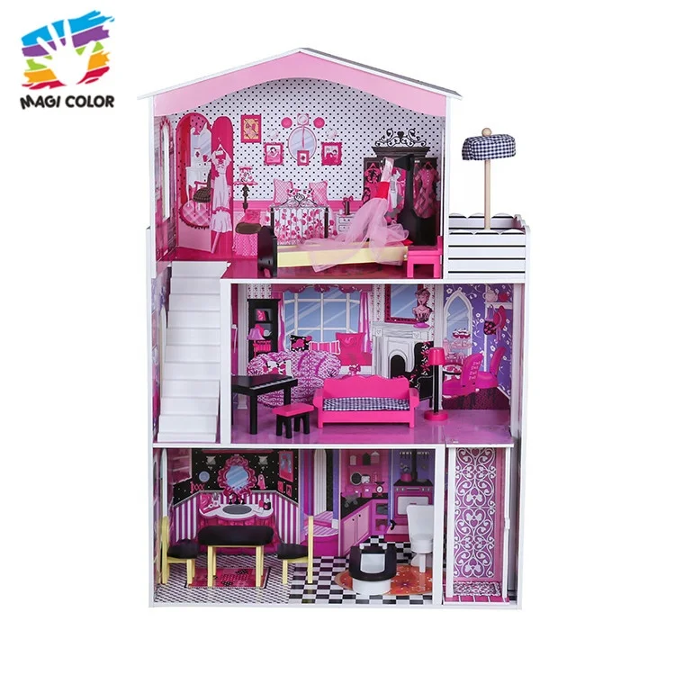 
OEM/ODM girls wooden large dolls house with furniture W06A355C 
