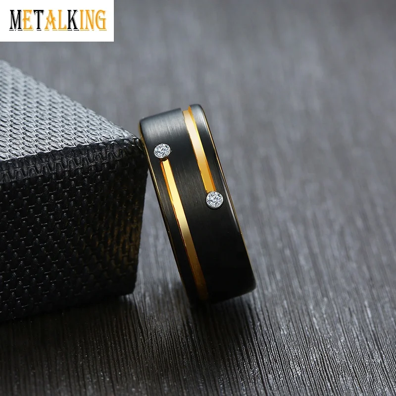Duo Tone Tungsten Gemstone Rings 8mm Gold And Black Plated Wedding Band Cubic Zirconia Inlay