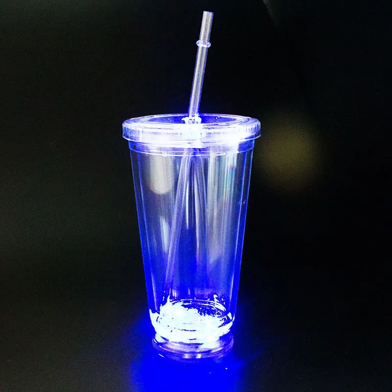 16 Oz светодиодные светящиеся мигающие изоляционная для питевых чашек с двойными стенками пластик со светодиодной подсветкой путешествий Кубок стакан трубочкой и крышкой