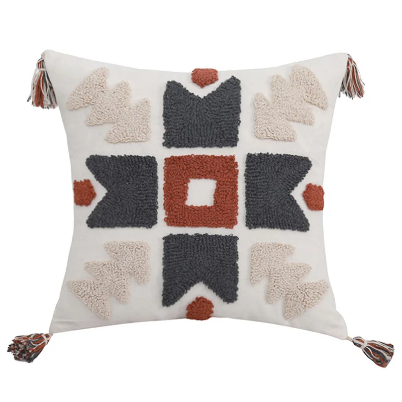 Modern Decorative Geometric Cushion with Tassels Tufted Boho Throw Pillow Cover