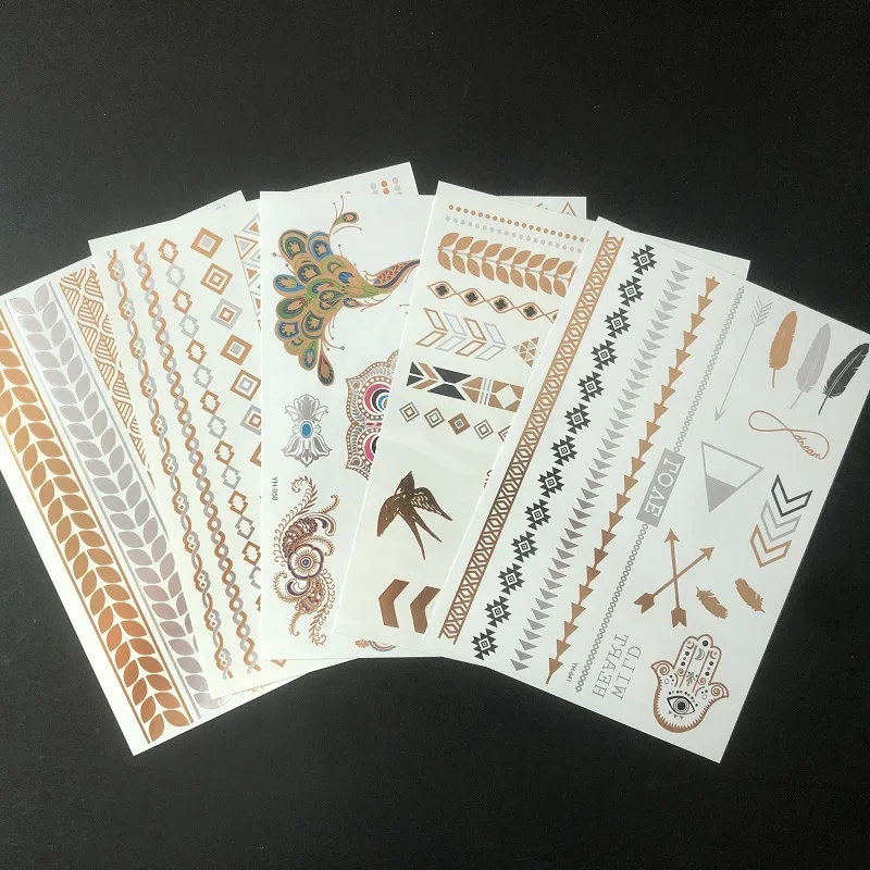 Hot Sale 5PCS Women Chain Bracelet Fake Jewelry Waterproof Temporary Tattoo Arm Sleeve Hand Wrist Gold Metallic Tattoo Sticker