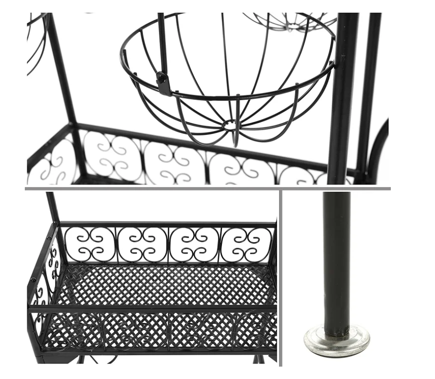 Freestanding swirling decorative floor plant shelves, rustic trolley-style hanging flower baskets decorative/personalized shelve