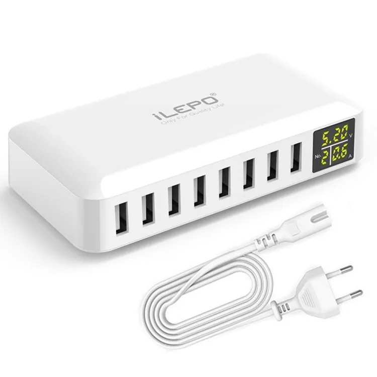 8 Ports Smart USB Charger 50W 8A Multi Port USB Hub with LCD Display Fast Charging Wall Charger Power Adapter with 4ft Long