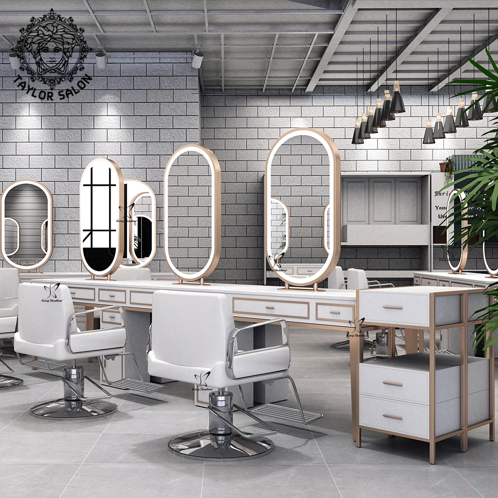 Decor Beauty Furniture Equipment Chair Set Makeup Styling Hairdressing Gold Led Double Sided Hair Barber Salon Mirror Station