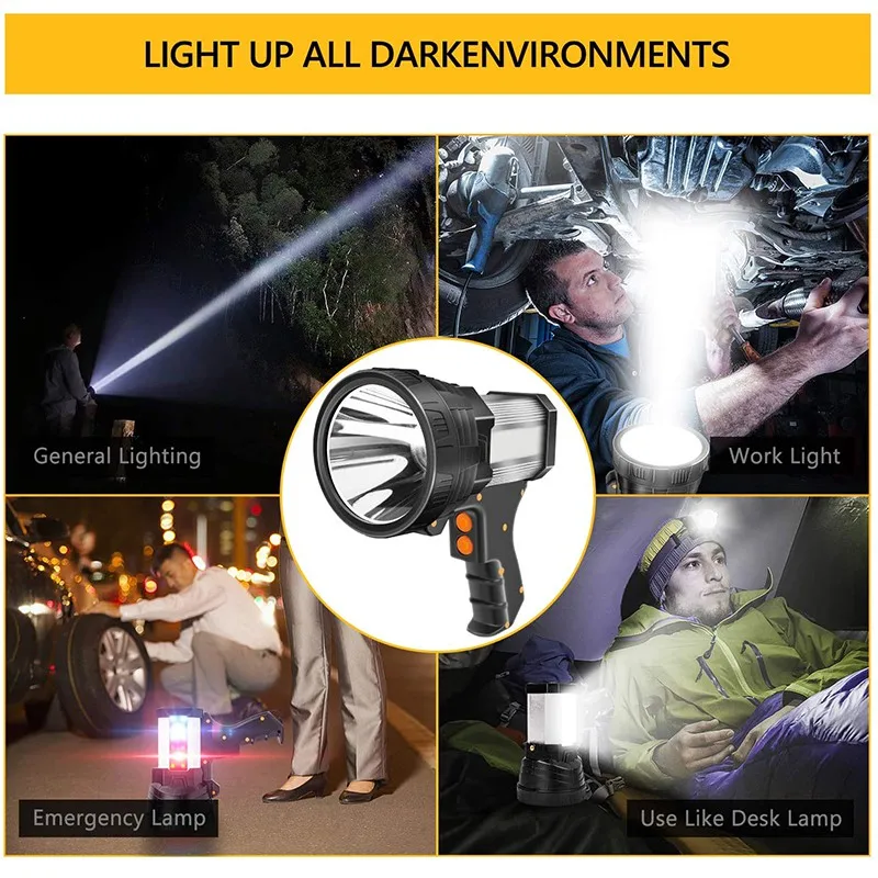 Rechargeable Spotlight,LED Flashlight Super Bright 12000mAh Long Lasting Searchlight Outdoor Waterproof Camping Flashlight