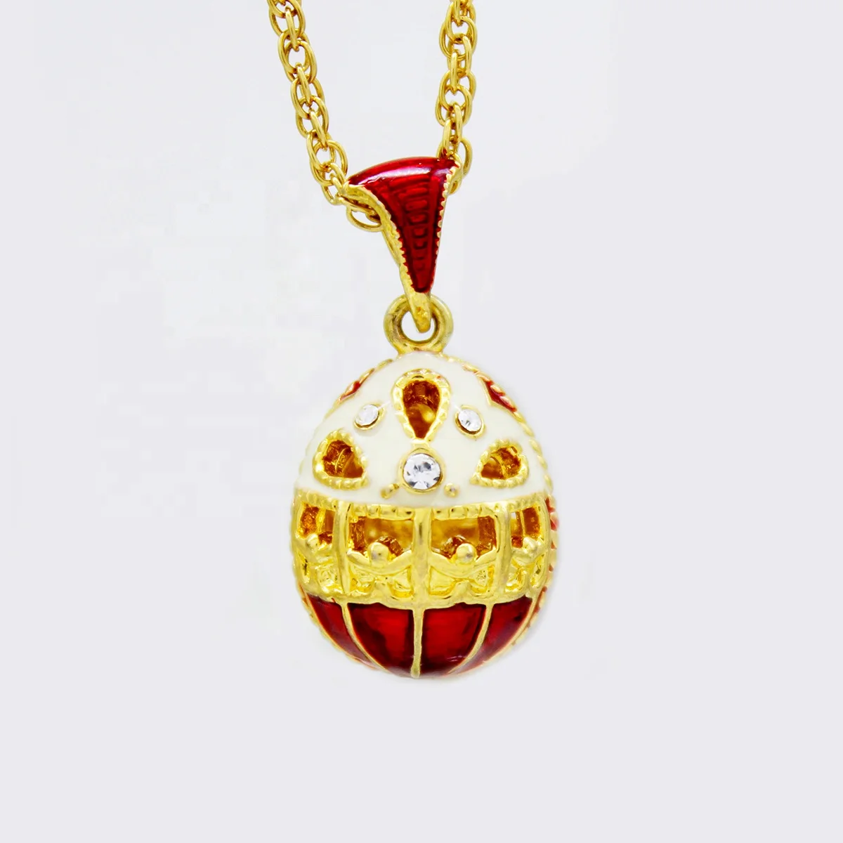 Royal Russian Style Easter Day Jewelry Mother Women Gifts Custom Design Red White Enamel Hollow Faberge egg Pendant Necklace