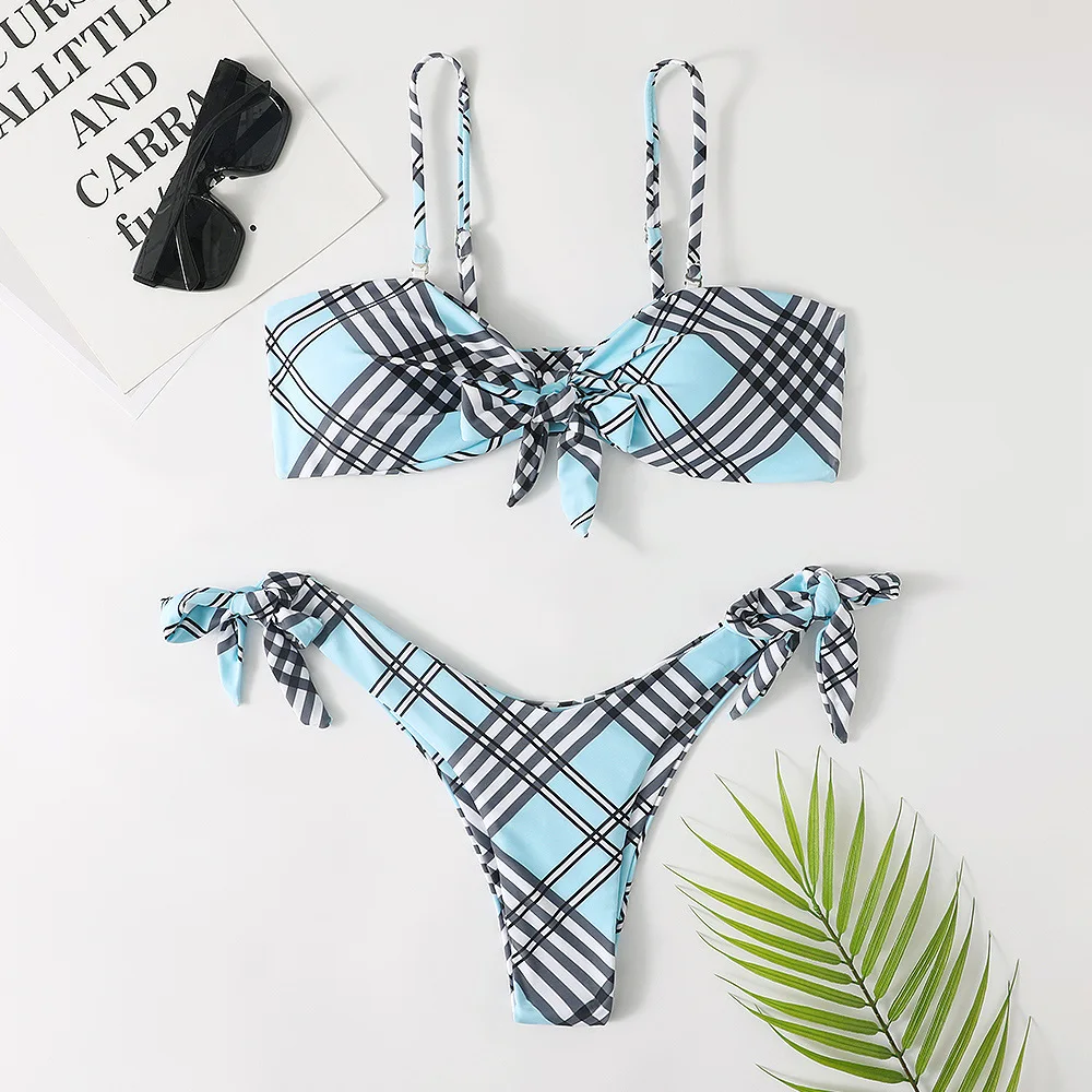 Swimsuit Sexy Bowknot Two Piece Swimsuits Check Micro Mini Fashion Women Checkered Bikini Wholesale Bathing Suits