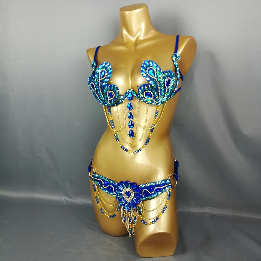 Dance Stage Performance Sexy Gymnastics Leotards Sexy Belly Dance Costume Samba Carnival Bra Belt Rainbow Stone