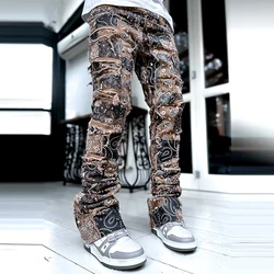 Fashion Vintage Wash Stacked Jeans Men Digital Screen Print Jeans For Man
