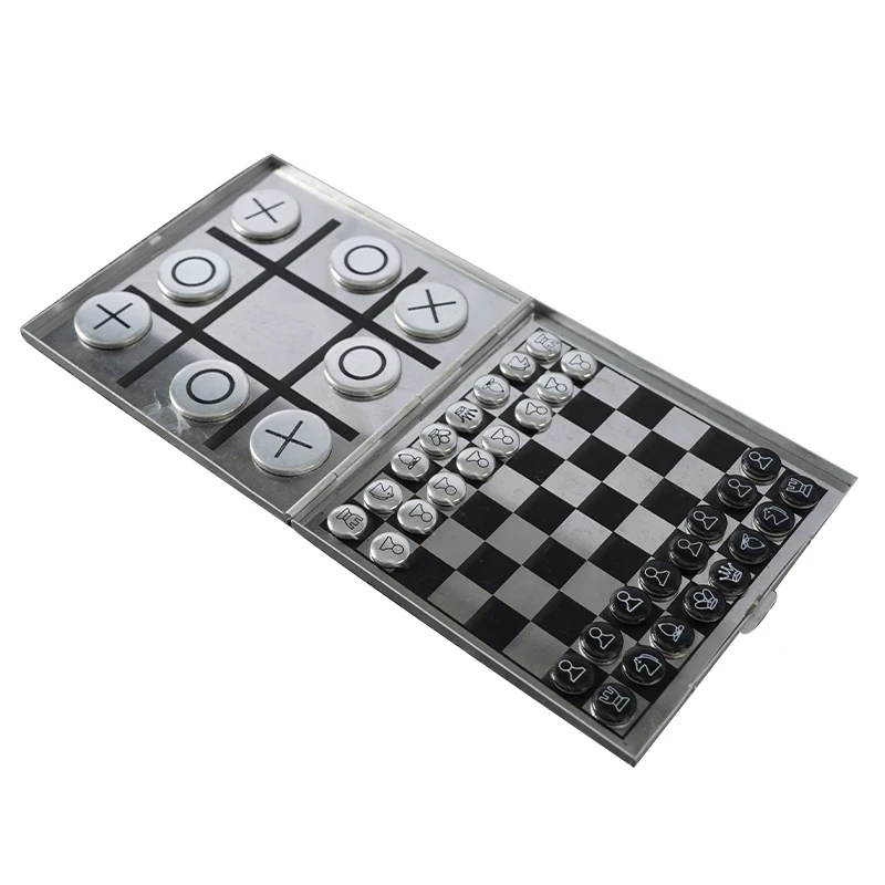 New 2 in 1 magnetic mini metal tic tac toe and chess board aluminum chess set tic tac toe