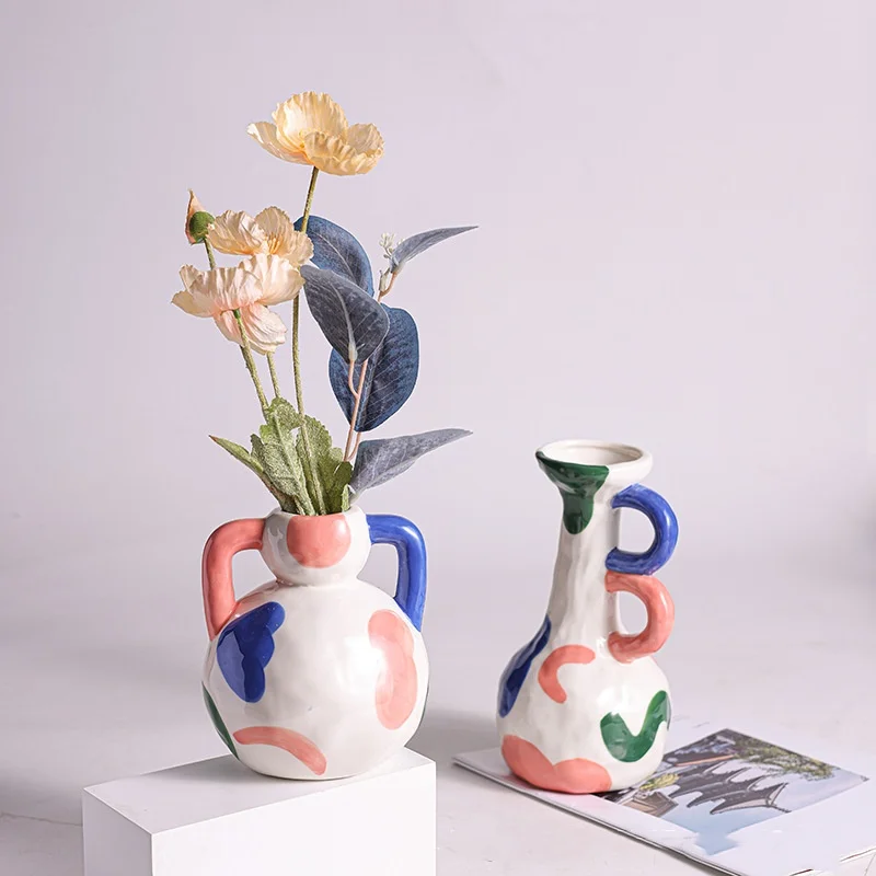 Ceramic vase, living room decoration, flower arrangement, creative color block painting, niche vase, flower utensil