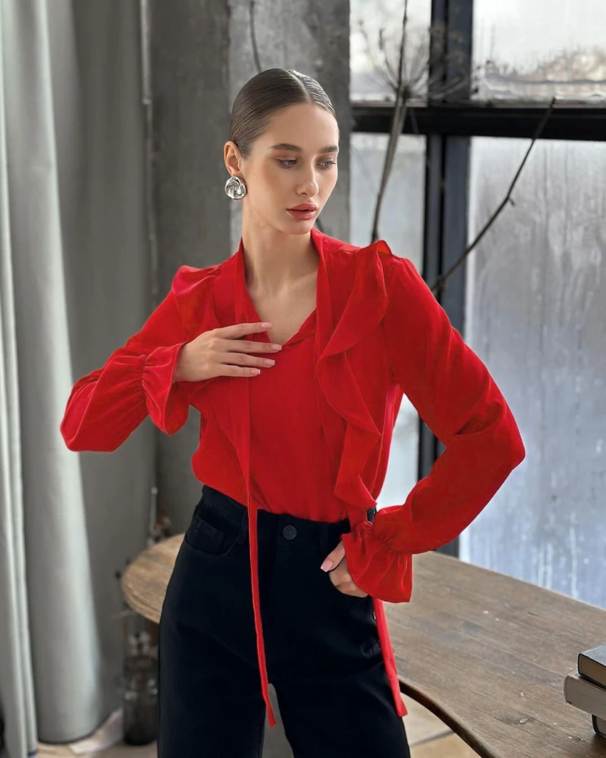 OOTN Spring Summer Red Chiffon Elegant Loose Ruffle Tie Ladies Shirt 2024 New Commuter Tops Sexy Women Blouses