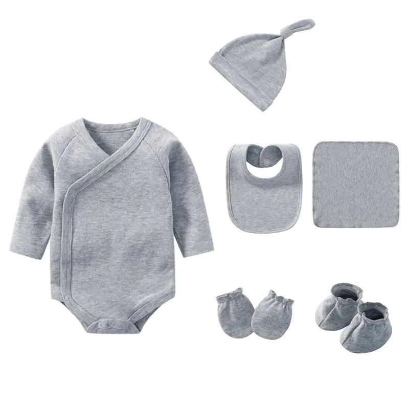 
factory supply 8 PCS plain gray cotton newborn baby romper mittens socks hat bib clothes set 