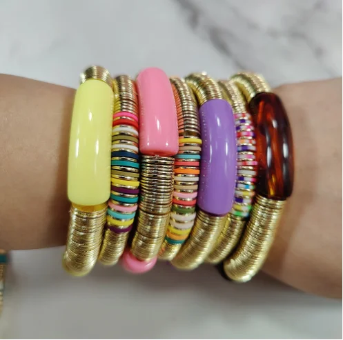 New Fashion Stretch Gold Disc Bamboo Tube Marble Color Women Bracelets colorful Acrylic bar transparent tube bangle  bracelet