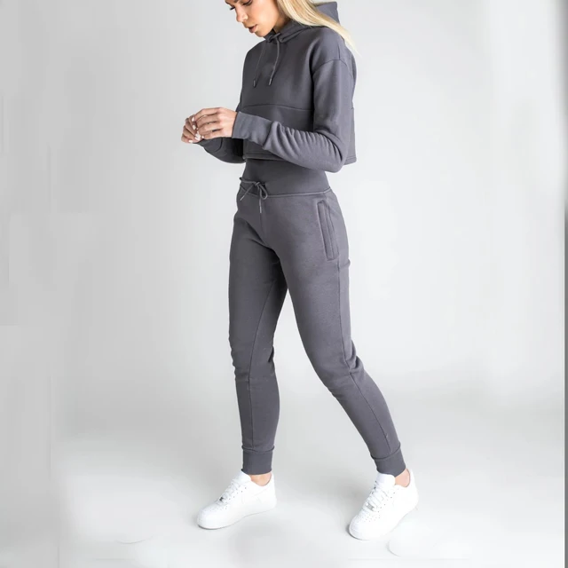 Женский Однотонный черный пуловер с длинным рукавом, укороченный топ, толстовка и штаны для бега, спортивный костюм