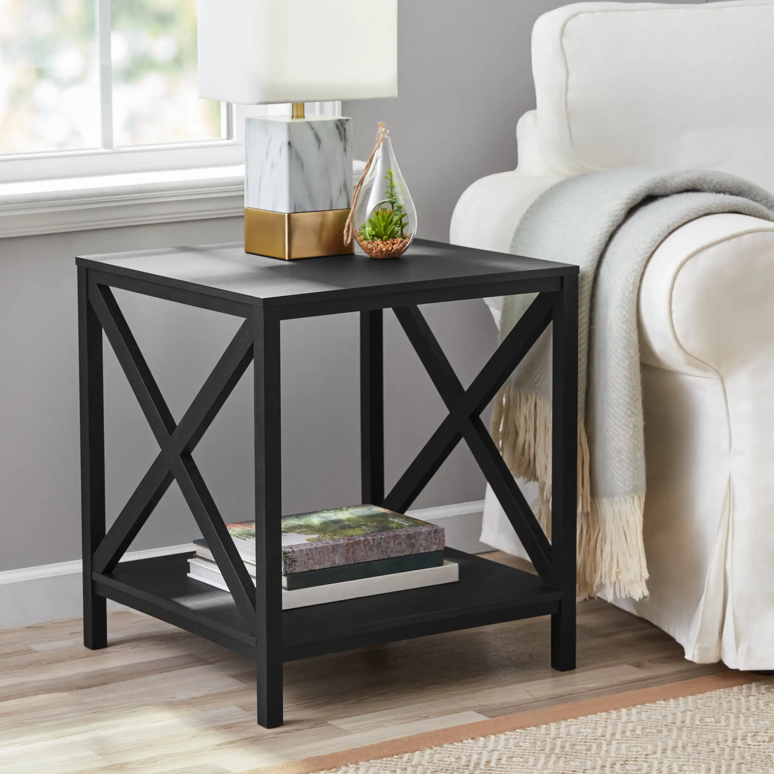 Wooden black side table X design square end table for living room and outdoor coffee