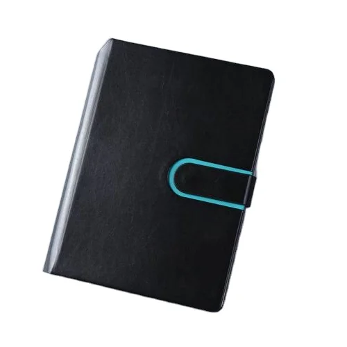 Cheap A5 black PU leather hard cover notepad journal notebook with pen sleeve and blue magnet lock