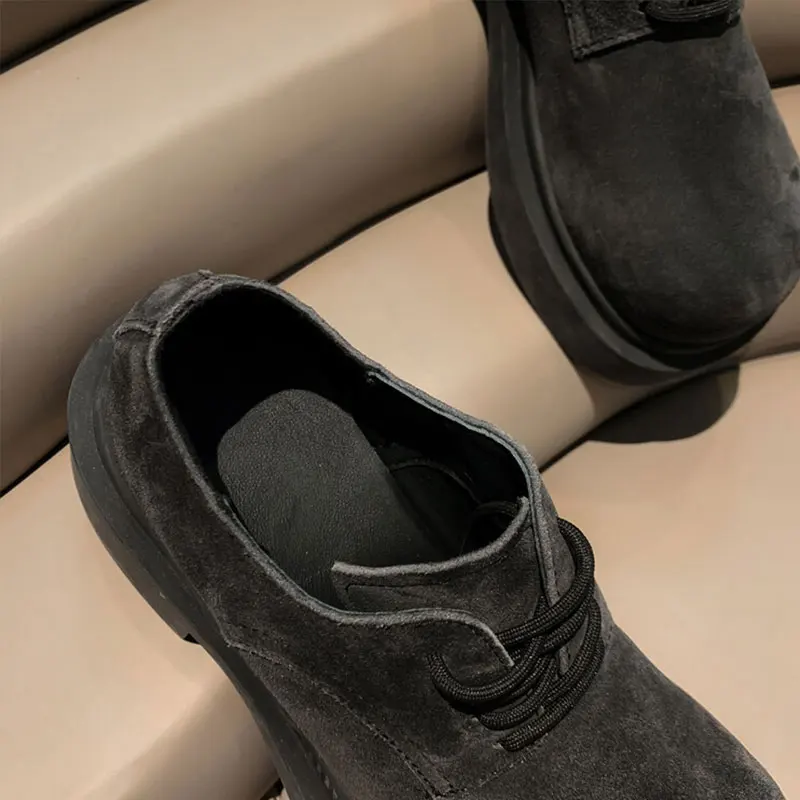 Xinzirain Custom Female Chunky Loafer Round Toe Cowhide Suede Lace Up Thick Sole Women High Heel Derby Dress Shoes